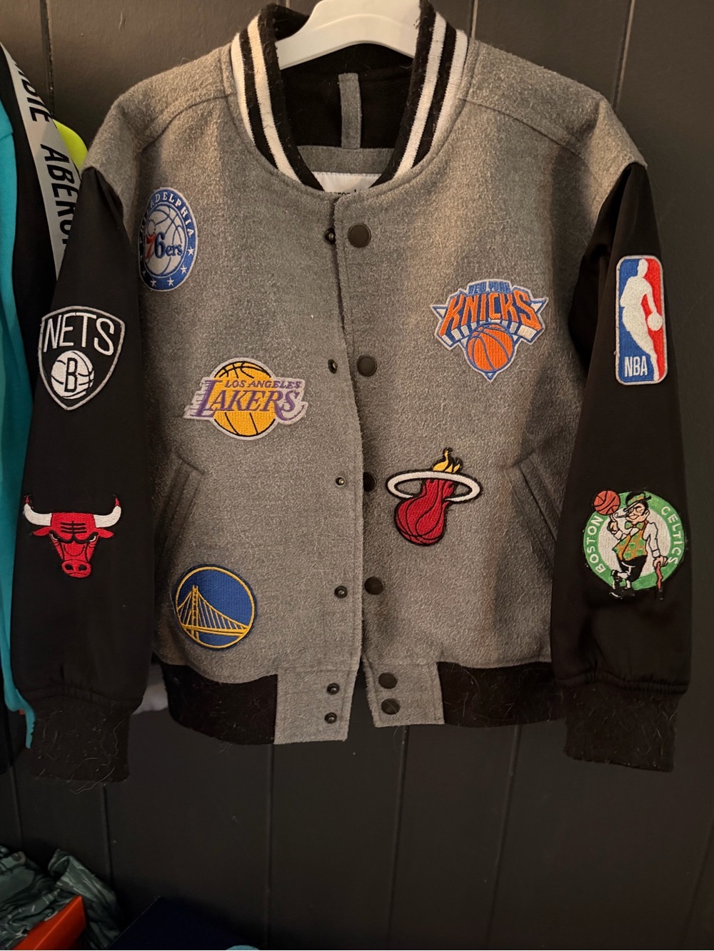 abercrombie kids Gray & Black NBA Patch Varsity Jacket